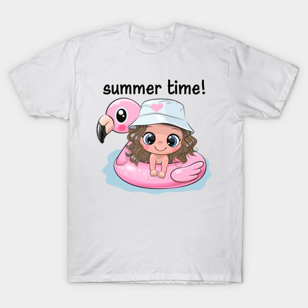 Cute girl in a pink swimming circle. T-Shirt by Reginast777